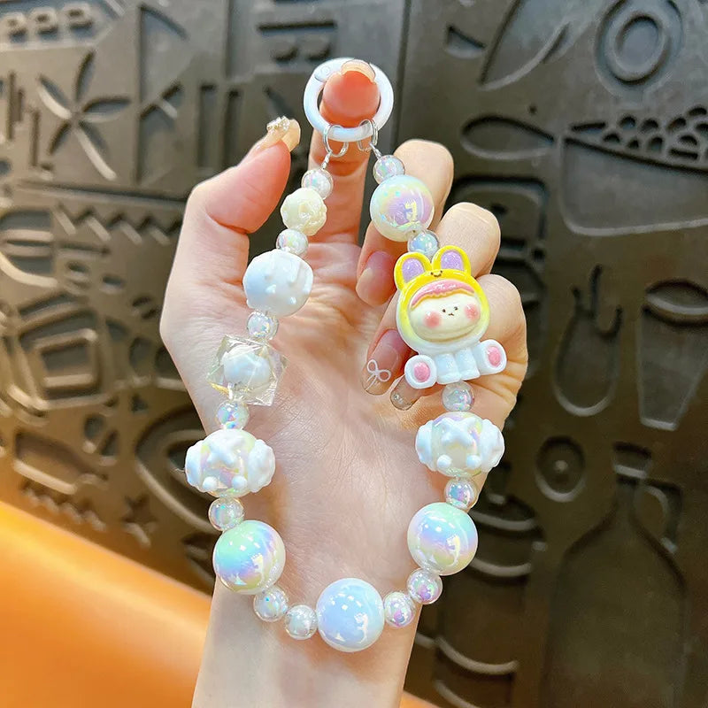 Cute Cartoon Mobile Phone Chain Dopamine Handmade Beaded Key Holder Wristband Style Girls Keychain Acrylic Cute Style