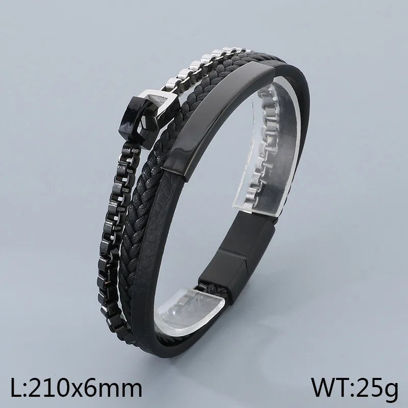 Business Geometric 304 Stainless Steel Leather Layered 18K Gold Plated Men's Bangle