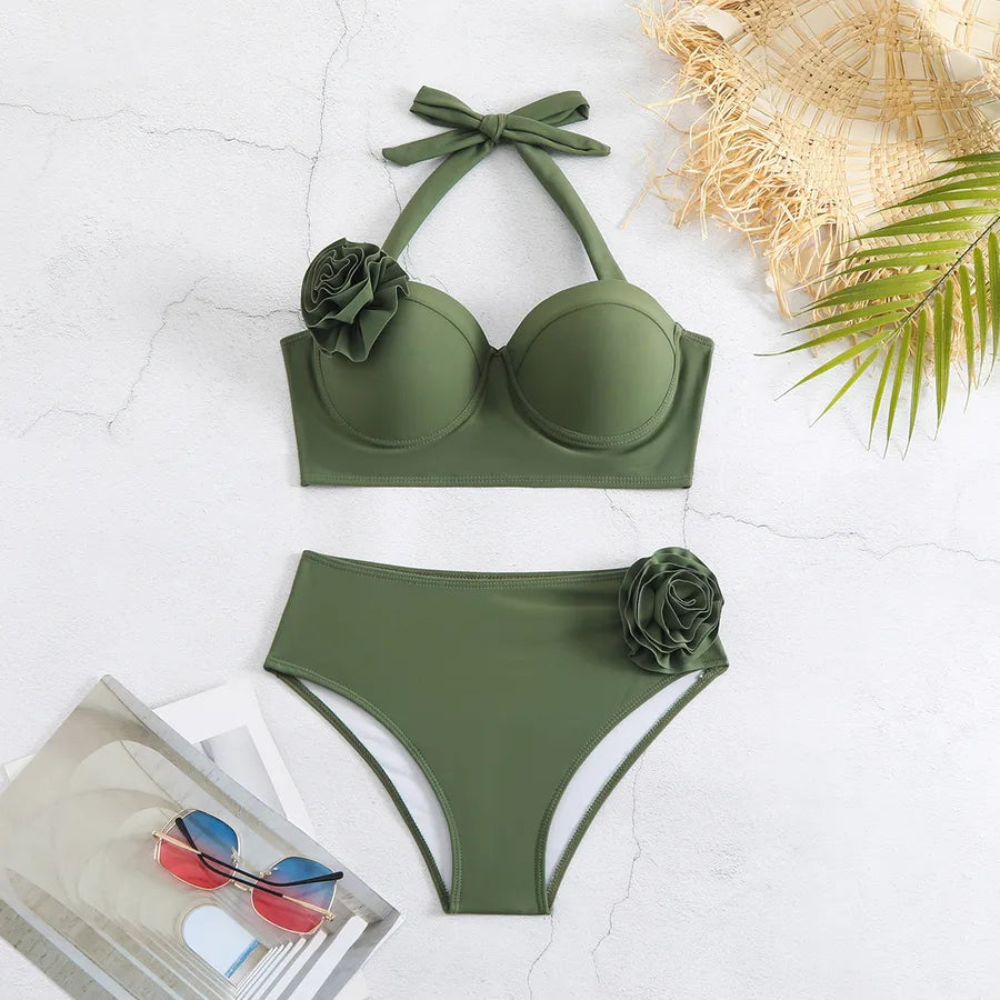 Women's Solid Color Flower 2 Pieces Set Bikinis Swimwear