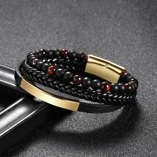 1 piece fashion round pu leather alloy beaded layered patchwork men's bracelets