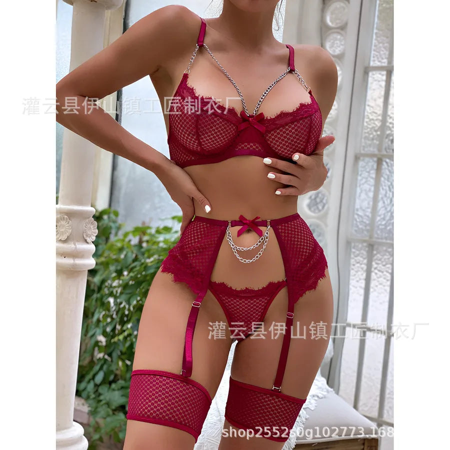 New Foreign Trade Sex Lingerie Sexy Women's Grid Stitching Eyelash Lace Hanging Chain Bow Garter suit