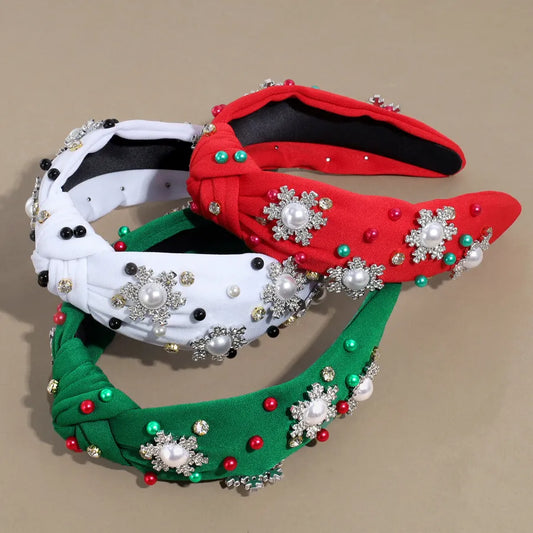 Elegant Christmas Themed Water Diamond Snowflake Hairband Versatile Wide Edge Knot Design Style Women's Headwear