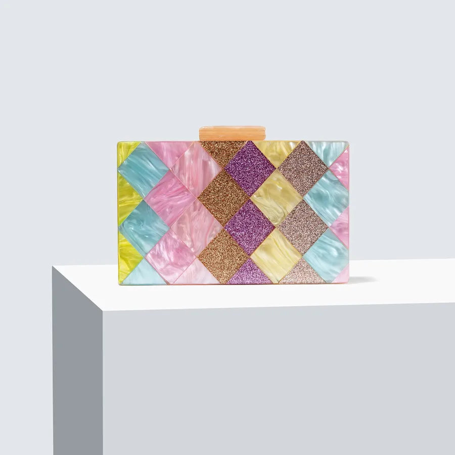 Champagne Orange Purple Arylic Color Block Square Evening Bags