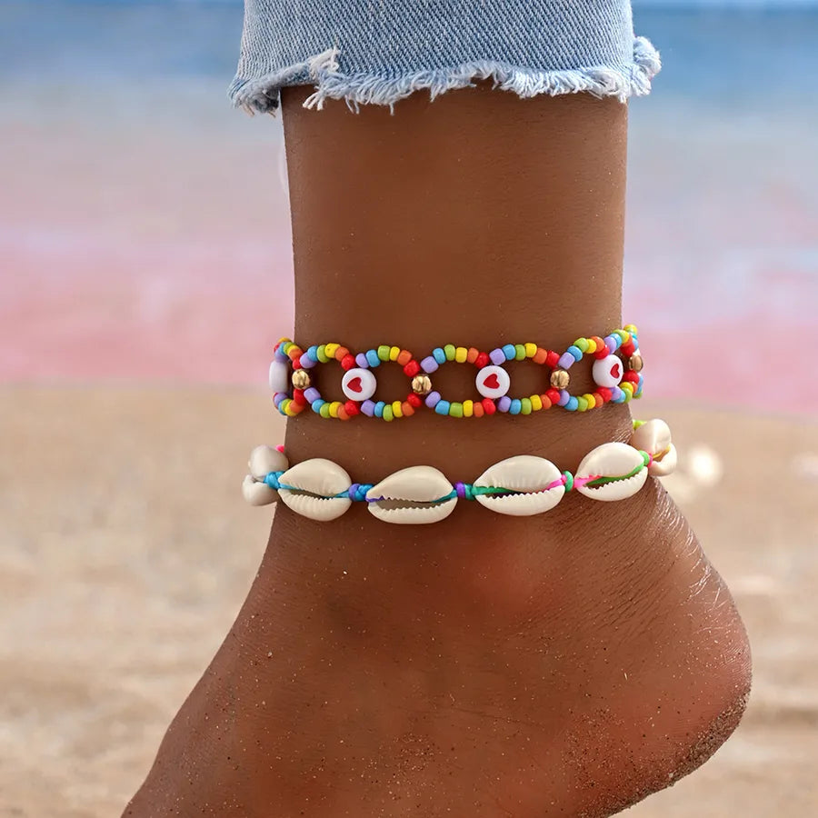 Europe and the United States new summer beach holiday style dopamine color rice beads beaded foot ornaments shell accessories anklet