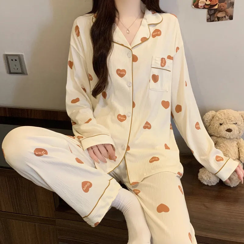 Sweet Girl Heart Print Open Cardigan Sleepwear Long Sleeve Crepe Home Clothes Set Spring New Style Casual Breathable Polyester
