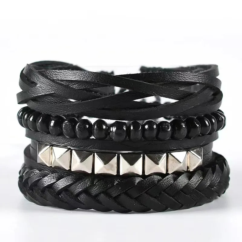 Exclusive for Four-Piece Card Woven Bracelet Leather Bracelet Multi-Layer Suit Punk Pagoda Liu Ding Ornament Men's