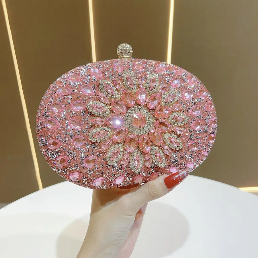 Elegant Diamond Embellished Mini Crossbody Evening Bag Luxury Polyester Round Cylinder Shape Fashion Chain Element