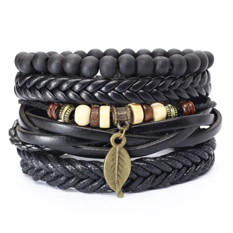 Hip-Hop Retro Leaf Pu Leather Alloy rope Braid Men's Bracelets