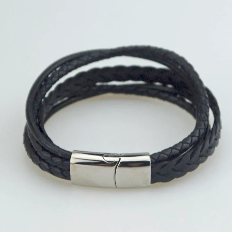 Casual Retro Solid Color 304 Stainless Steel Pu Leather Braid Handmade Men's wristband