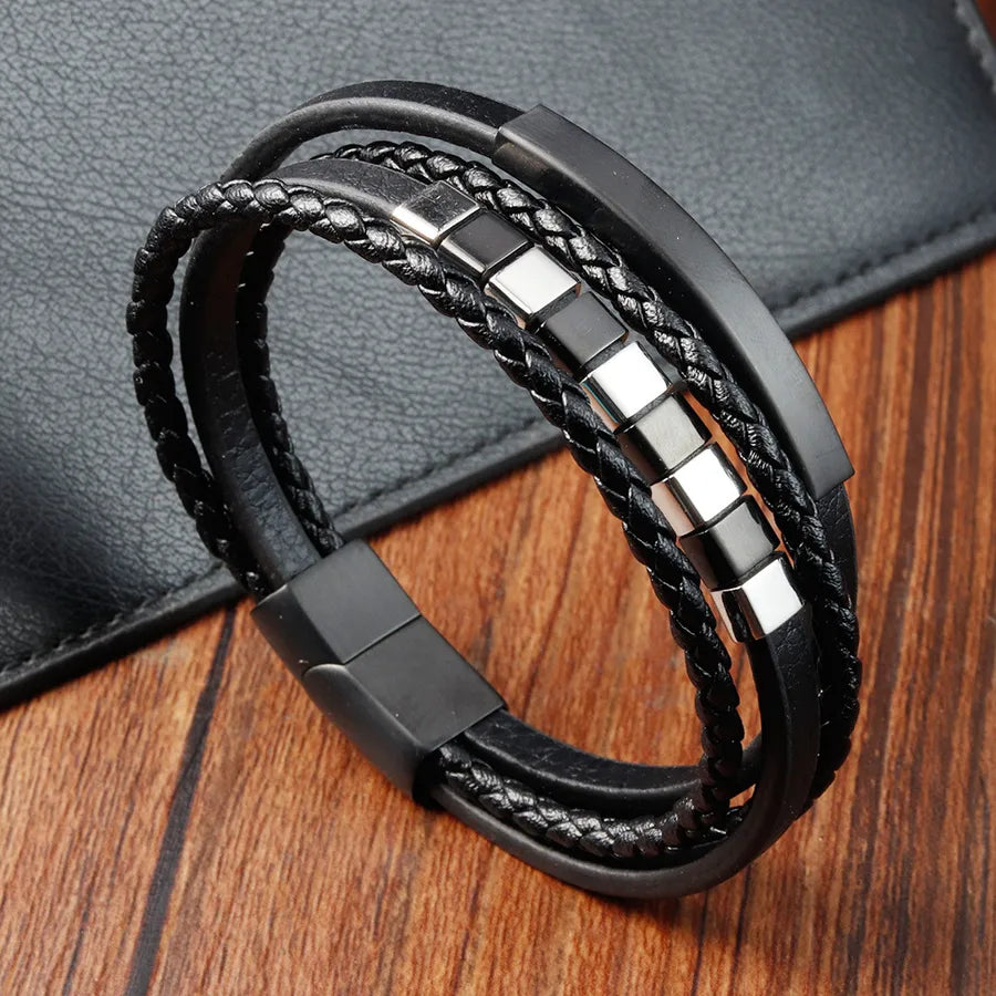 Vintage Style Classic Style Geometric Pu Leather Titanium Steel Woven Chain Wrap Bracelets Wholesale