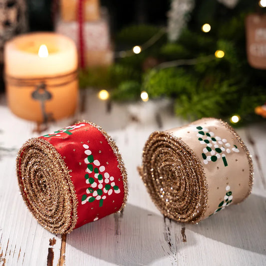 HaoBei New Print Onion Powder Small Tree Woven Belt Christmas Satin Ribbon Christmas Tree Flower Ring Decoration Silk Ribbon Arrangement Colorful Belt