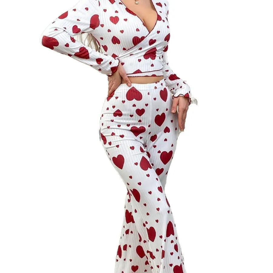 New European Style Home Clothes Set Women's Long Sleeve V-Neck Heart Print Two-Piece Suit Sweet Pure Desire Sleepwear