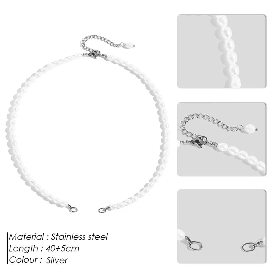 316 Stainless Steel Freshwater Pearl Beaded Chain Geometric Necklace