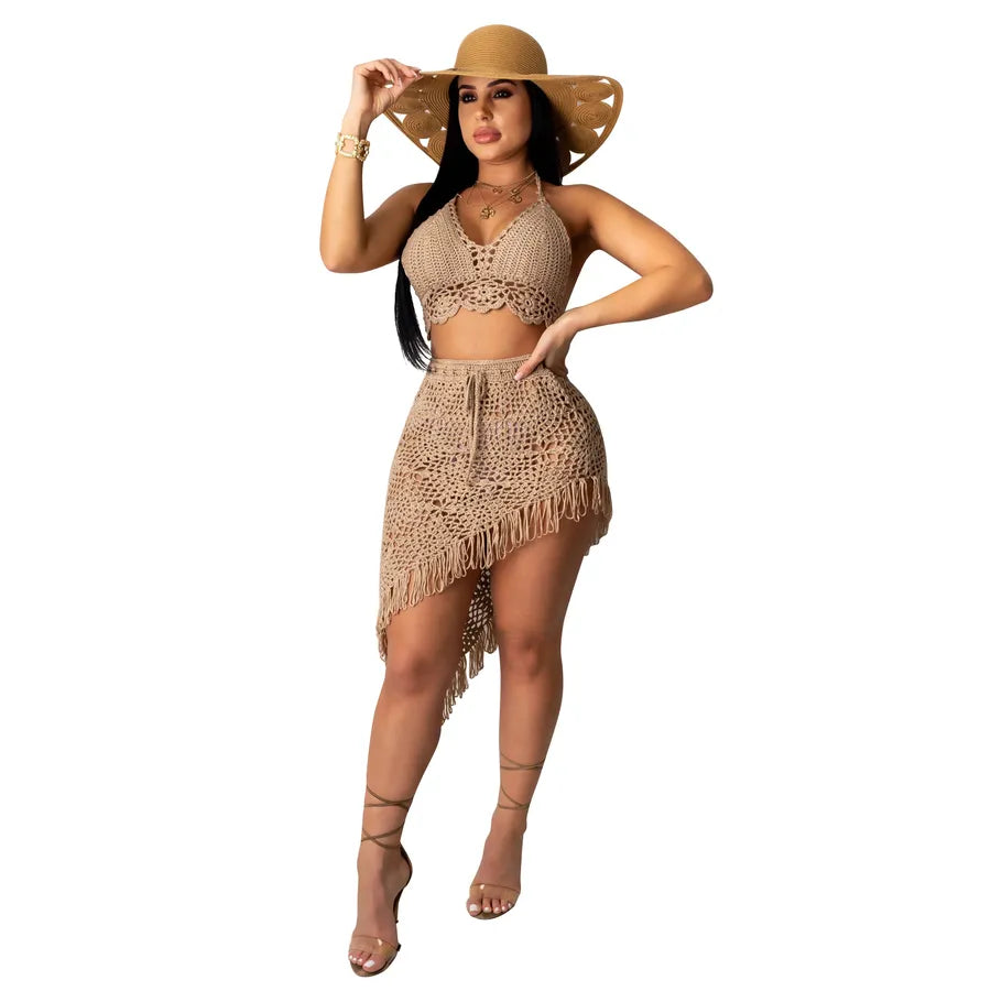 Holiday Daily Women's Sexy Solid Color Polyacrylonitrile Fiber Tassel Skirt Sets Skirt Sets