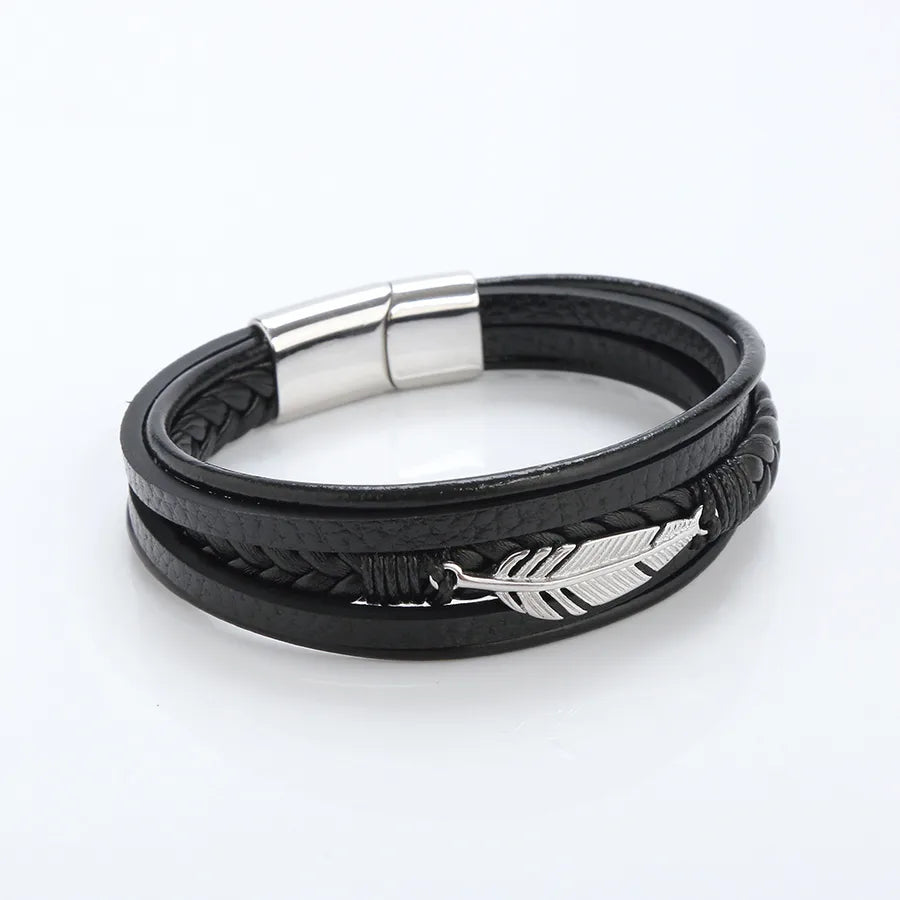 hip-hop rock leaves stainless steel pu leather handmade men's bracelets