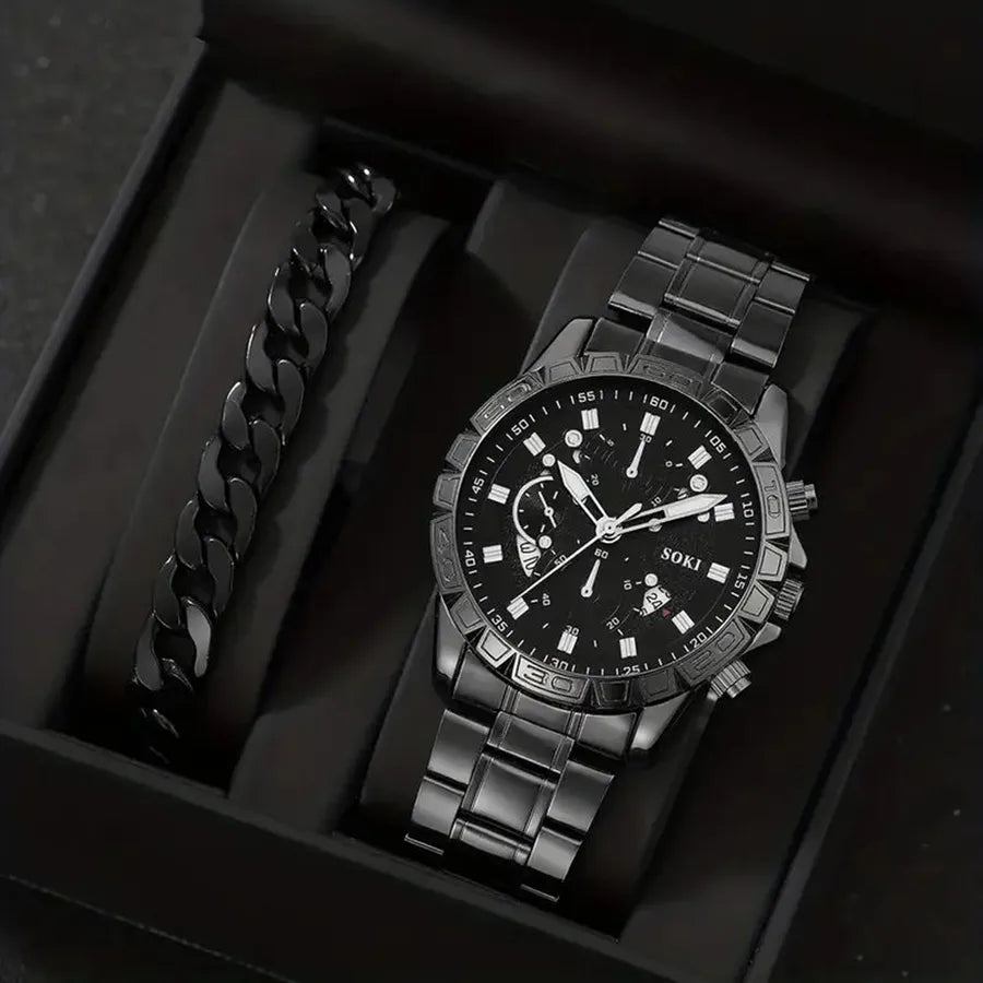 casual solid color buckle quartz men's watch & bracelet set