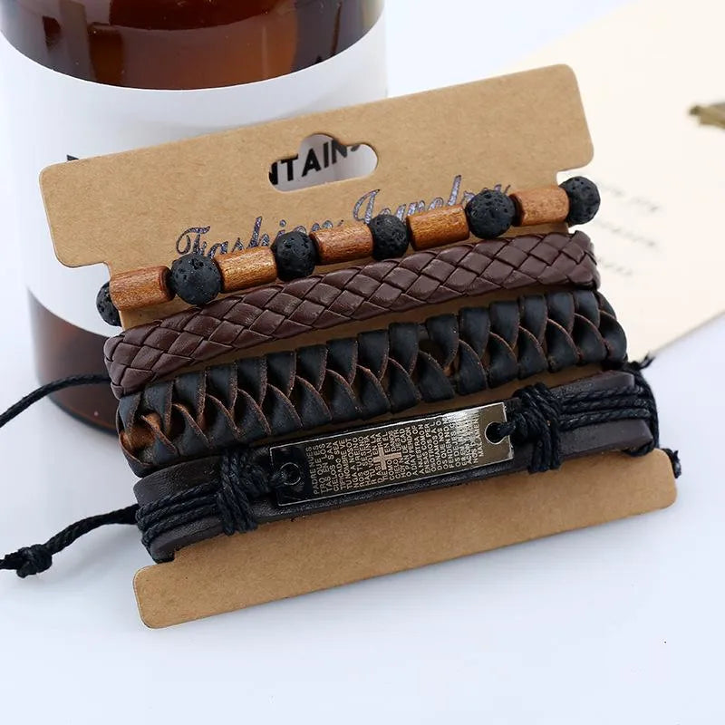 retro geometric pu leather wooden beads hemp rope braid men's bracelets