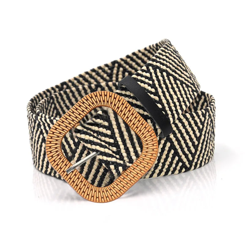 Simple fashion straw elastic waist girdle women's accessories dress body shaping belt wooden buckle waist girdle