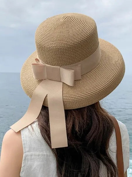 women's classic style bow knot braid curved eaves straw hat