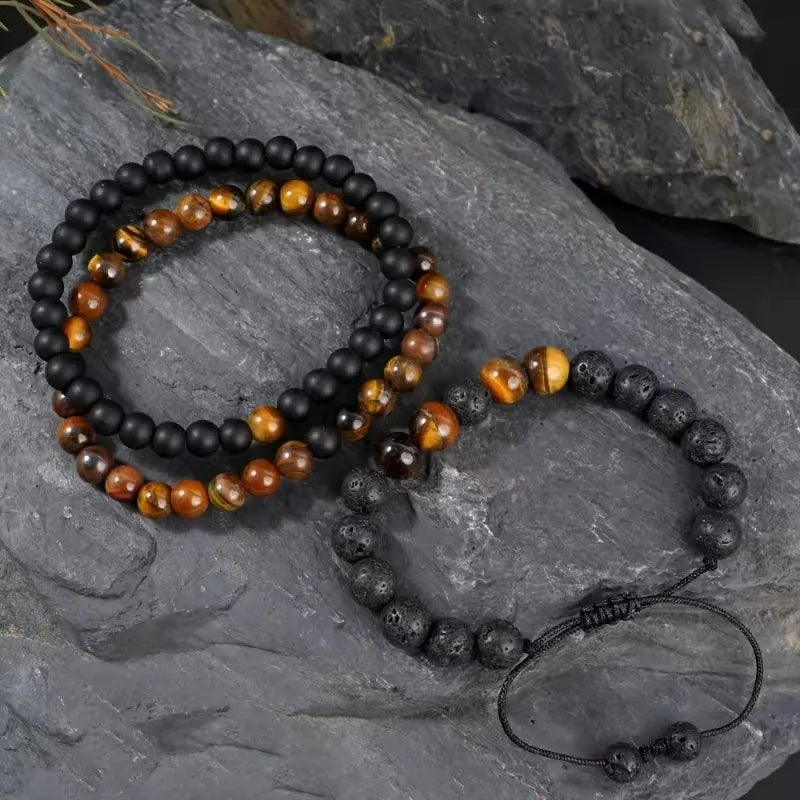 Retro Classic Style Geometric natural stone Volcanic rock Tiger Eye Bracelets In Bulk