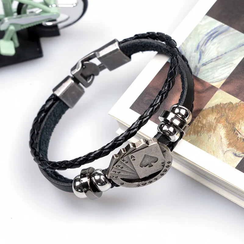 Popular Personalized Playing Cards Men's Beaded a Pair of Buckles Leather Bracelet Ornament Woven Leather Bracelet