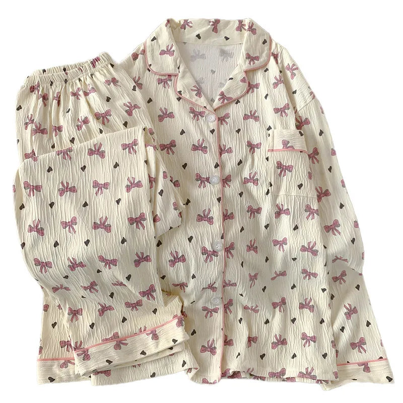 Sweet Girl's Long Sleeve Home Clothes Set Spring Autumn New Style Heart Butterfly Knot Pleated Cloth Sleepwear Women's Fashion