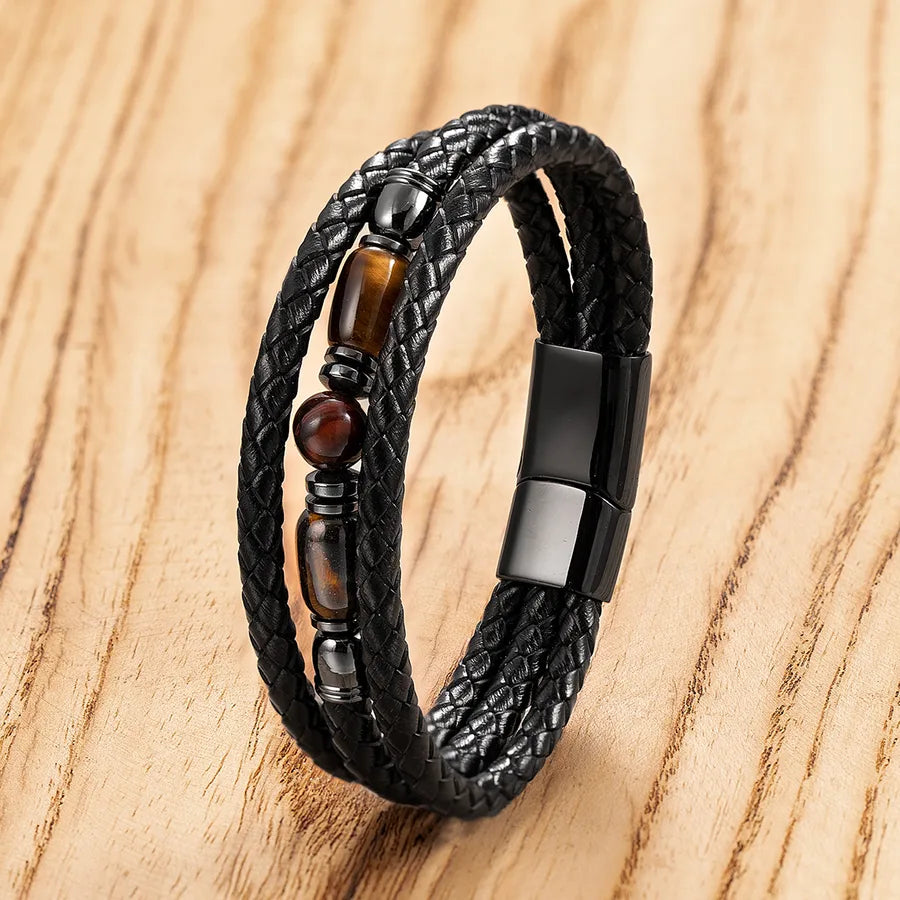 Fashion Tigereye Beaded Bracelet Men's Multi-Layer Woven Leather Personality Stainless Steel Buckle Bracelet Retro Easy Matching Jewelry