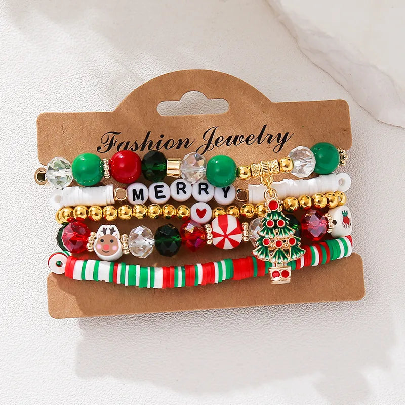 Handmade Christmas Letter Color Block Soft Clay Beaded Bracelet Festival Gift Women's Handmade Wristband Geometric Pattern