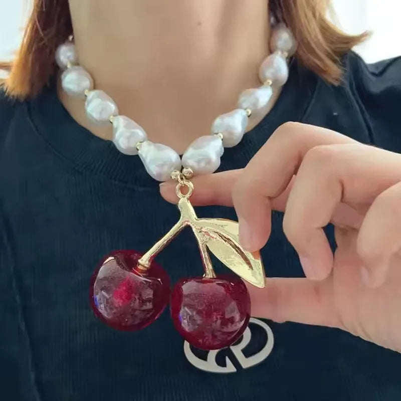 Elegant Luxurious Romantic Cherry 18K Gold Plated Imitation Pearl Resin Copper Statement Necklaces Wholesale
