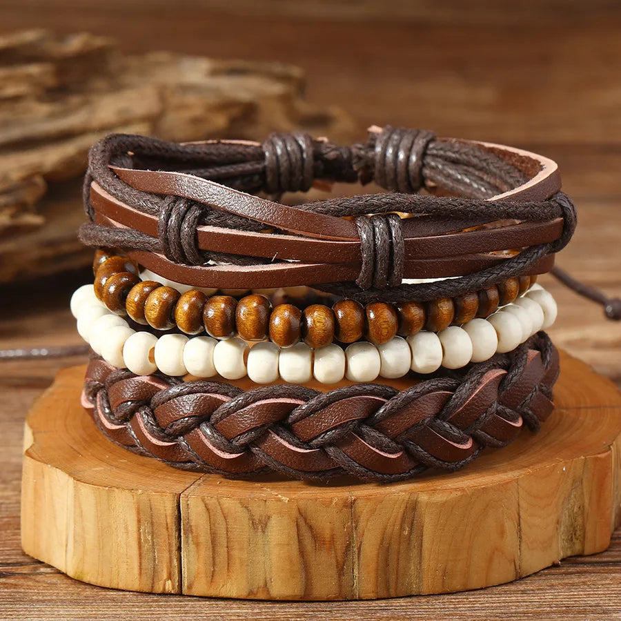 Retro Geometric Pu Leather Wood Wax line Beaded Braid Men's Bracelets