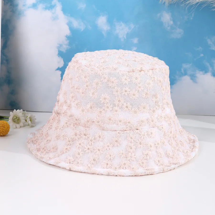 Women's Casual Japanese Style Korean Style Daisy Embroidery Hollow Out Wide Eaves Bucket Hat