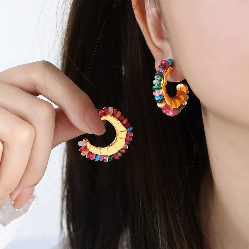 1 Pair IG Style Geometric Plating natural stone Titanium Steel Ear Studs