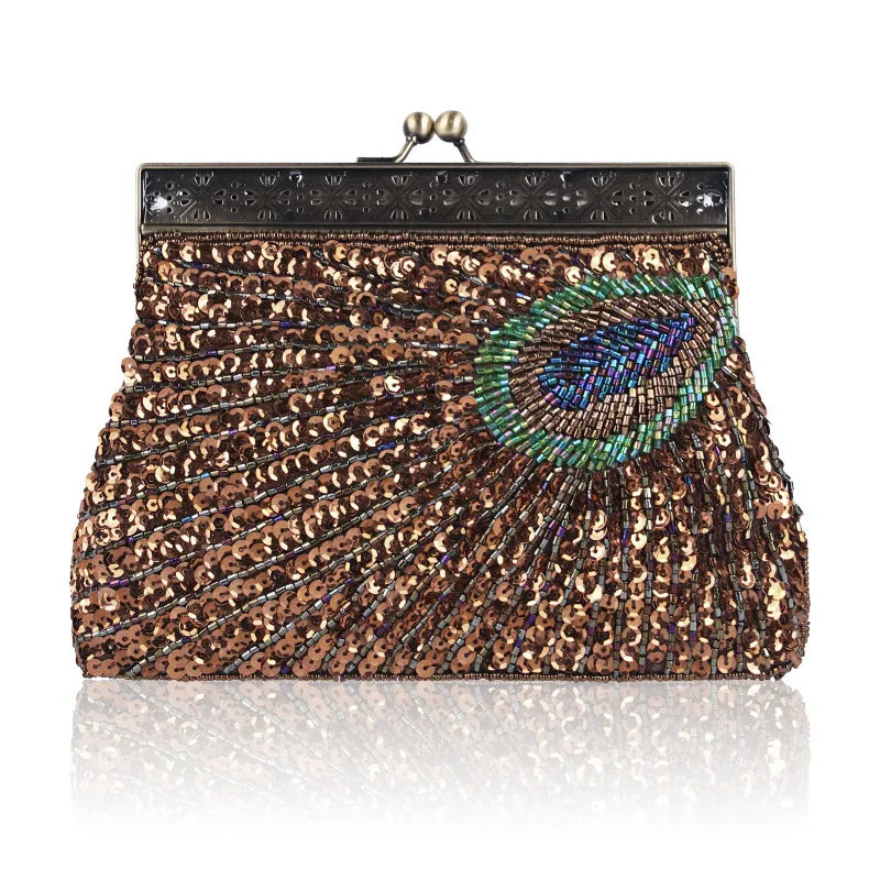 red purple blue polyester peacock feather beading sequins pearl embroidery square evening bags