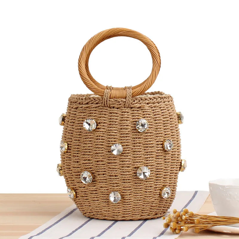 women's small spring&summer straw solid color vacation bucket string straw bag