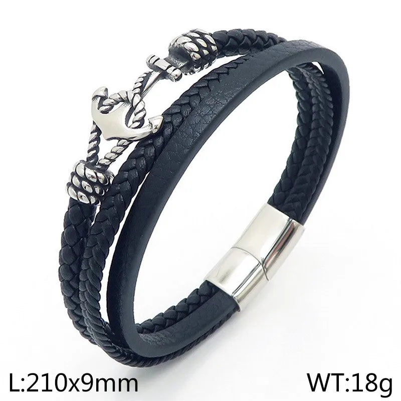 Business Anchor Leather Braid Men's Bangle
