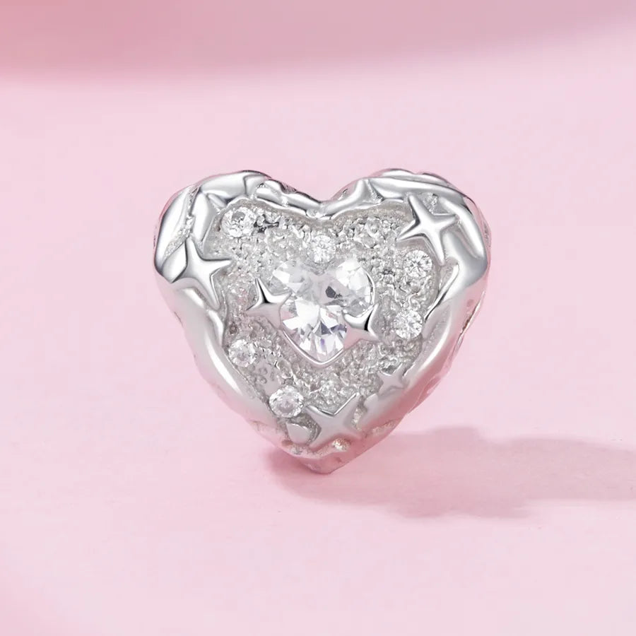 Aifule Hot Delicate Heart Beaded S925 Sterling Silver White Gold Plated DIY Heart-Shaped Ornament Beads