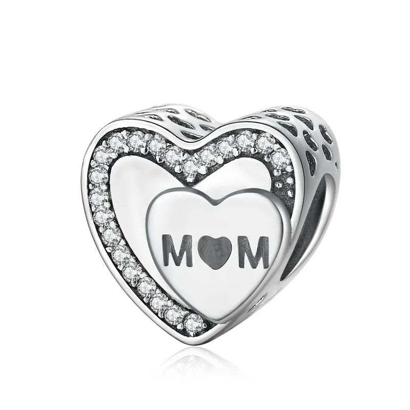 Cross-Border Supply Silver-Plated Beaded Small Pendant Mother's Love Heart-Shaped Series Diy Bracelet Jewelry Accessories Gift for Mother