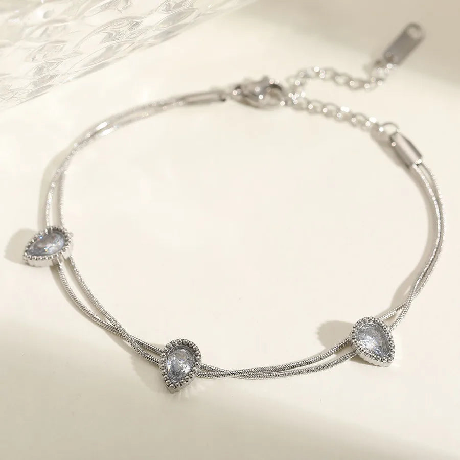 Cute Basic Lady Oval Solid Color 304 Stainless Steel 18K Gold Plated Zircon snake chain Double-Layer Bracelet Multi Charms Bracelet In Bulk