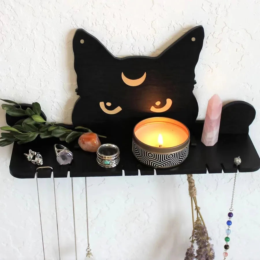 Cute Retro Cat Wood Ornaments Storage Rack Wall Art