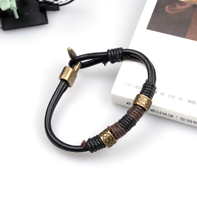 Vacation Simple Style Solid Color 304 Stainless Steel Pu Leather Lines Men's Bangle Men Cord & Leather Bracelets