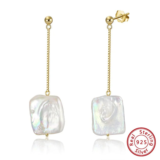 1 Pair 925 Sterling Silver Freshwater Pearl Geometric Square Drop Earrings