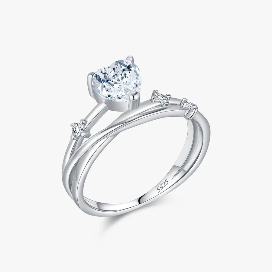 0.8 Karat Moissanite 925 Sterling Silver Rings GRA Certificate Heart-Shaped Cutting Geometric Heart Shape Lines Rhodium Plated Rings
