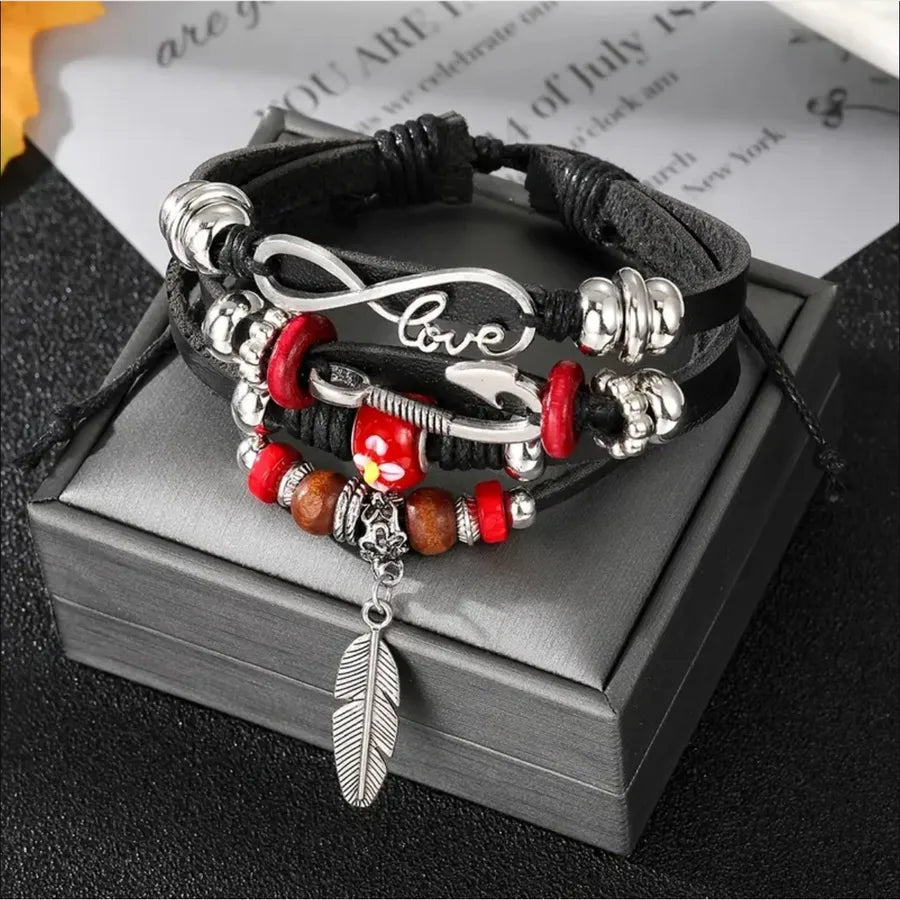 casual handmade feather pu leather alloy wooden beads beaded knitting men's drawstring bracelets