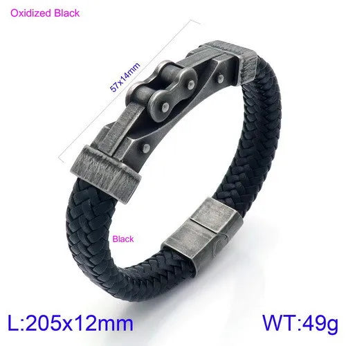 rock punk geometric pu leather titanium steel braid chain men's bangle
