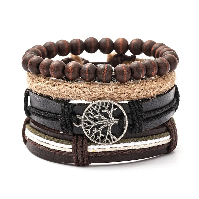 Retro Waves Flower Pu Leather Wood Beaded Men's Bracelets