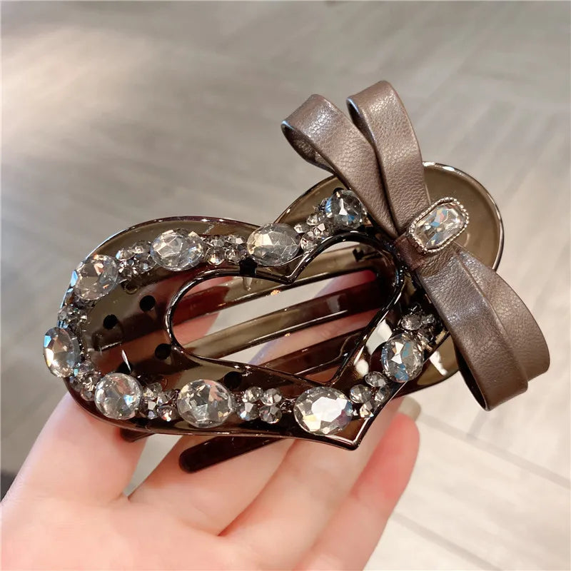 Elegant Black Leather Hairpin With Butterfly Knot Shiny Rhinestone Heart Shaped Hair Accessory Woven Leather For Back Of Head Bun