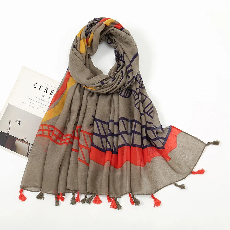 women's elegant stripe grid cotton and linen printing scarf