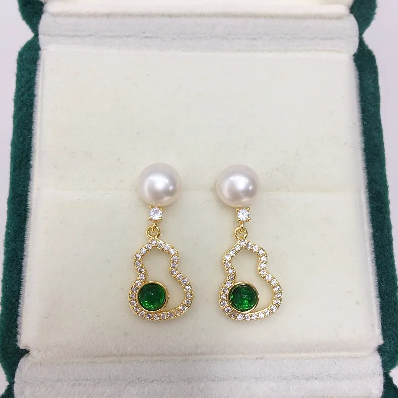 Zhuji 5A High-gloSS NAturAl FreShwAter PeArl EArringS for Women Green JAde Gourd SmArt PeArl EArringS S925 Sterling Silver Needle