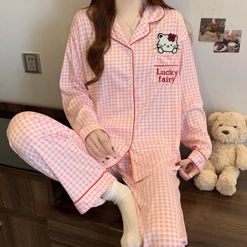 Sweet Heart Plaid Long Sleeve Sleepwear Set Women's Home Clothes Spring Autumn Season Polyester Milk Silk Thin Breathable Casual