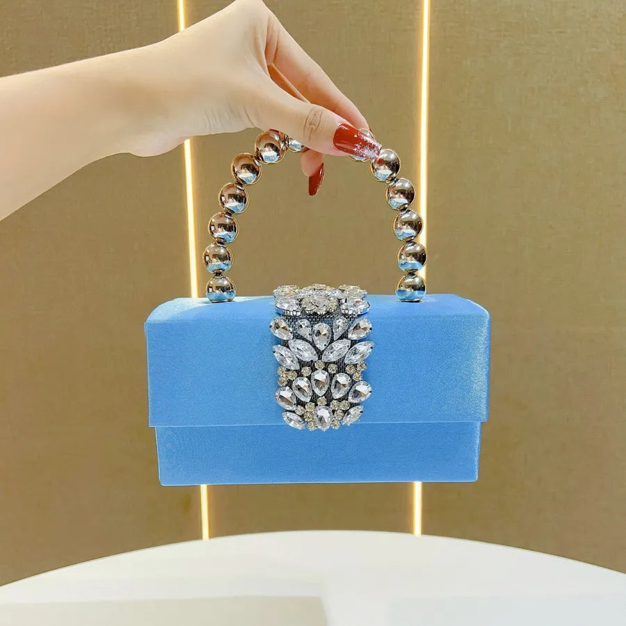 Shiny French Style Silk Satin Surface Pearl Box Handbag Women's Crossbody Bag For Party Elegant Fashionable Square Bag